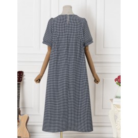 Women Gingham Plaid Crew Neck Casual Short Sleeve Dress