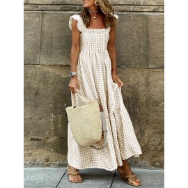 Women Gingham Ruffle Square Collar Tiered Sleeveless Dress