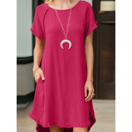 Women Solid Crew Neck Ruffle Trim Casual Short Sleeve Dress