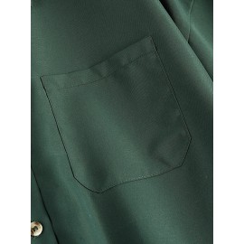 Women Solid Lapel Double Pocket Button Front Shirt Dress