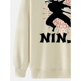 Mens Japanese Ninja Letter Print Crew Neck Pullover Sweatshirts Winter