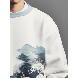 Mens Japanese Wave Ukiyoe Print Crew Neck Pullover Sweatshirts
