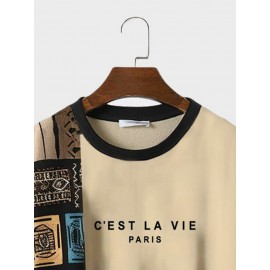 Mens Ethnic Tribal Letter Print Patchwork Crew Neck Pullover Sweatshirts Winter