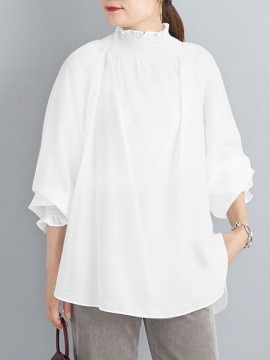 Women Solid Shirred Detail Casual Raglan Sleeve Blouse