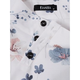 Women Floral Print Button Neck Design Short Sleeve Blouse