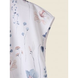 Women Floral Print Button Neck Design Short Sleeve Blouse