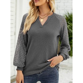 Women Lace Patchwork Knit Notched Neck Long Sleeve Blouse