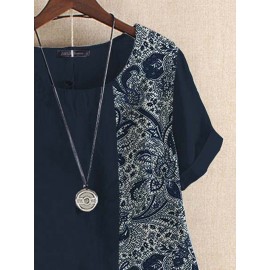 Women Ethnic Paisley Print Patchwork Cotton Short Sleeve Blouse