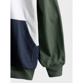 Mens Color Block Patchwork Kangaroo Pocket Loose Drawstring Hoodies Winter
