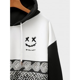 Mens Monochrome Smile Ethnic Geometric Print Patchwork Drawstring Hoodies Winter
