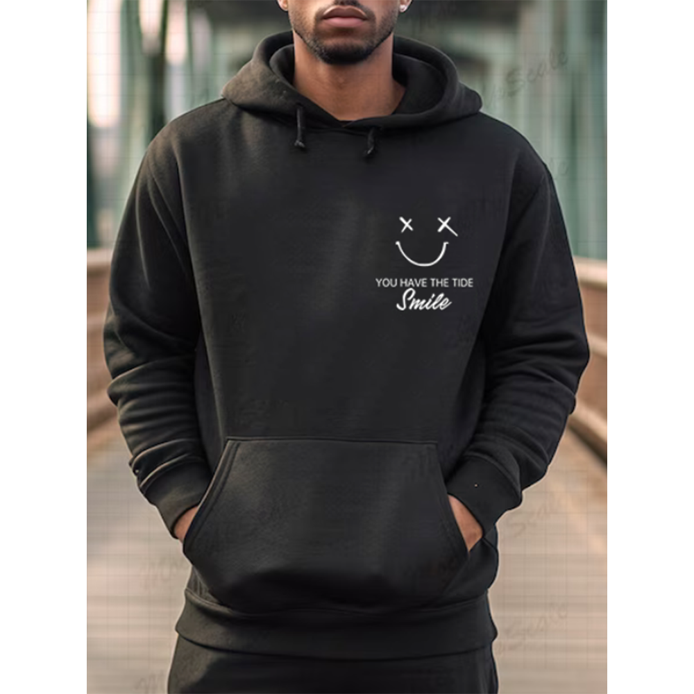 Mens Smile Letter Chest Print Kangaroo Pocket Drawstring Hoodies Winter Mens Smile Letter Chest Print Kangaroo Pocket Drawstring Hoodies Winter