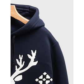 Mens Christmas Elk Snowflake Print Kangaroo Pocket Drawstring Hoodies