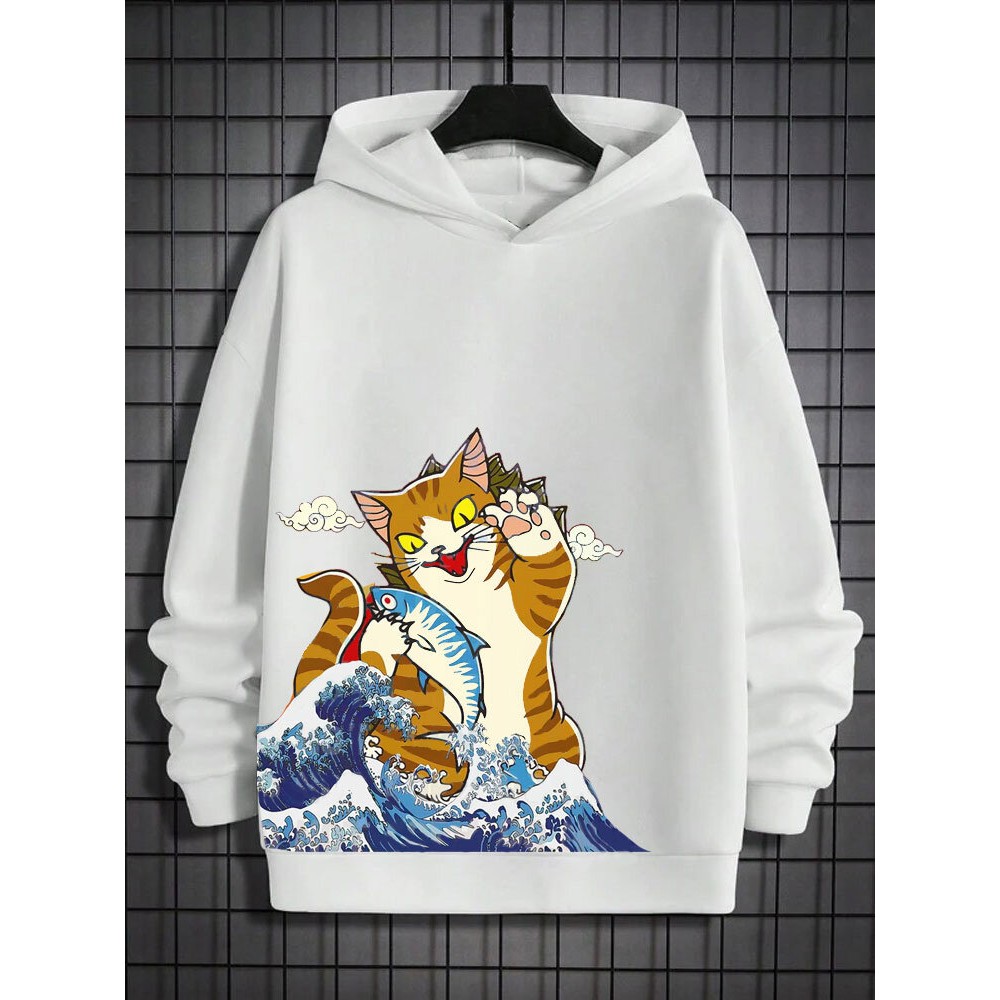 Mens Japanese Wave Cat & Fish Print Long Sleeve Hoodies Winter Mens Japanese Wave Cat & Fish Print Long Sleeve Hoodies Winter